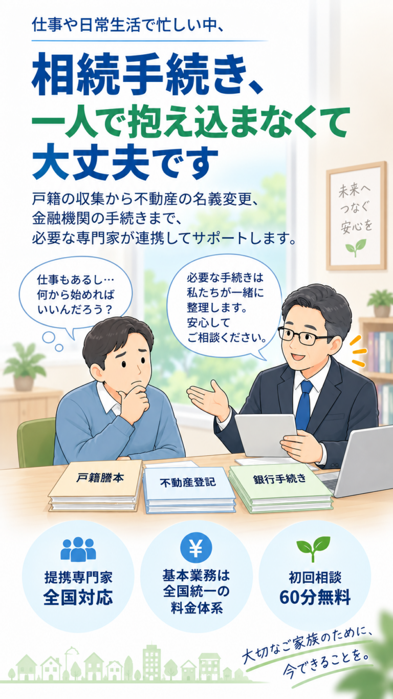相続手続きを一人で抱え込まず専門家へ相談できることを伝えるスマホ用ファーストビュー