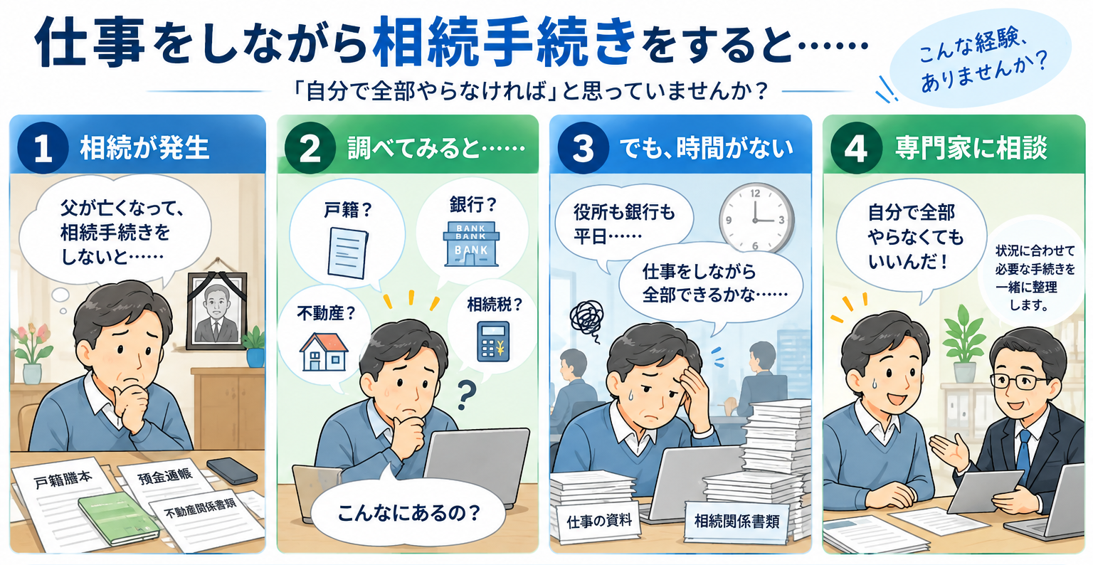 仕事をしながら相続手続きを進める方が専門家へ相談して安心する4コマ漫画